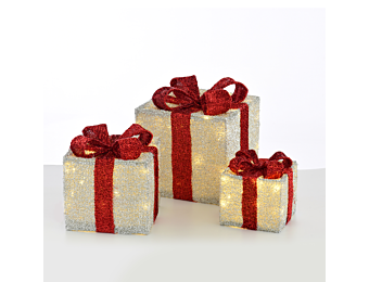 ^ SET "SILVER GIFT BOX, RED BOW" 75(15+25+35) WW LED  ΜΠΑΤ. 3*3ΑΑ IP20 17,23,28.5CM