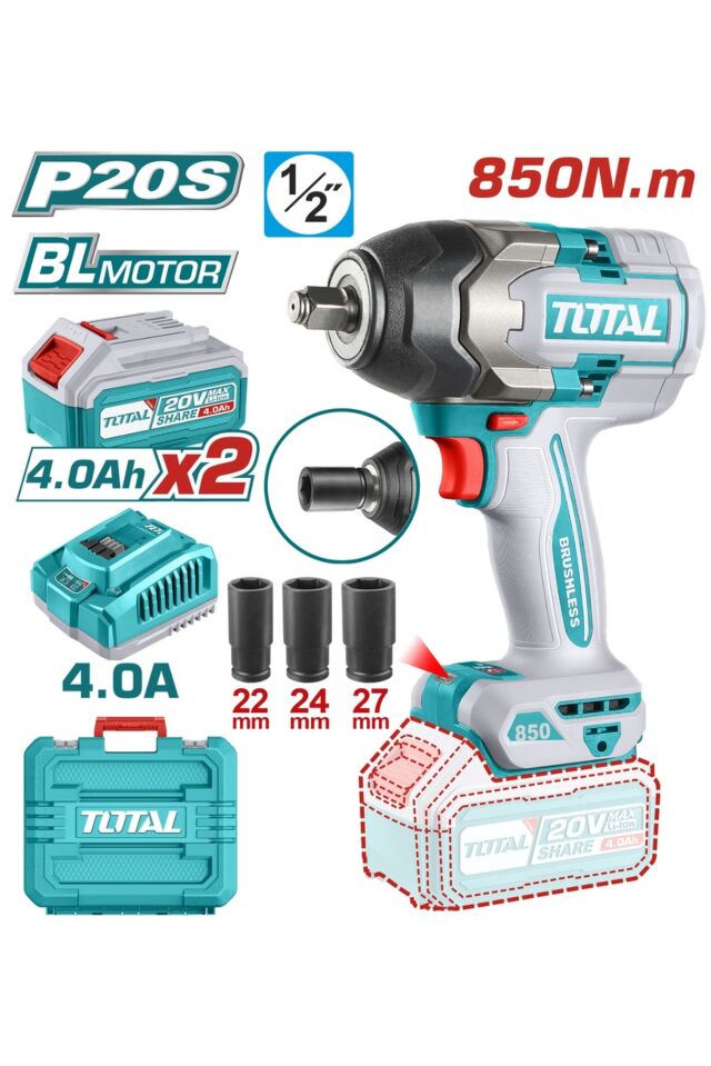 TOTAL ΕΠΑΓΓ. ΜΠΟΥΛΟΝΟΚΛΕΙΔΟ ΜΠΑΤ. Li-ion 20V / 4Ah / 850Nm / 2 ΜΠΑΤΑΡΙΕΣ(TIWLI2085)